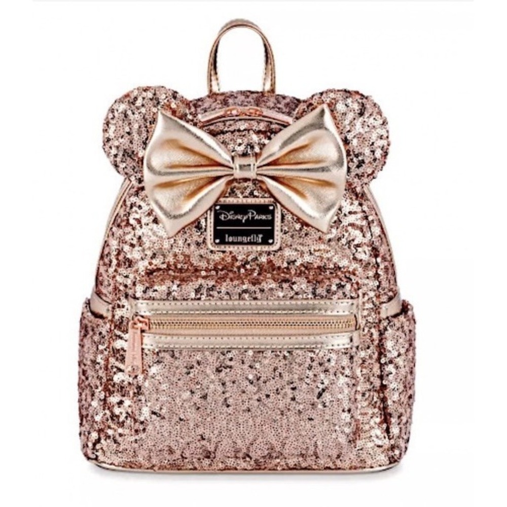 Disney Parks Loungefly Minnie Mouse Rose Gold Sequin Mini Backpack 2023 NWT